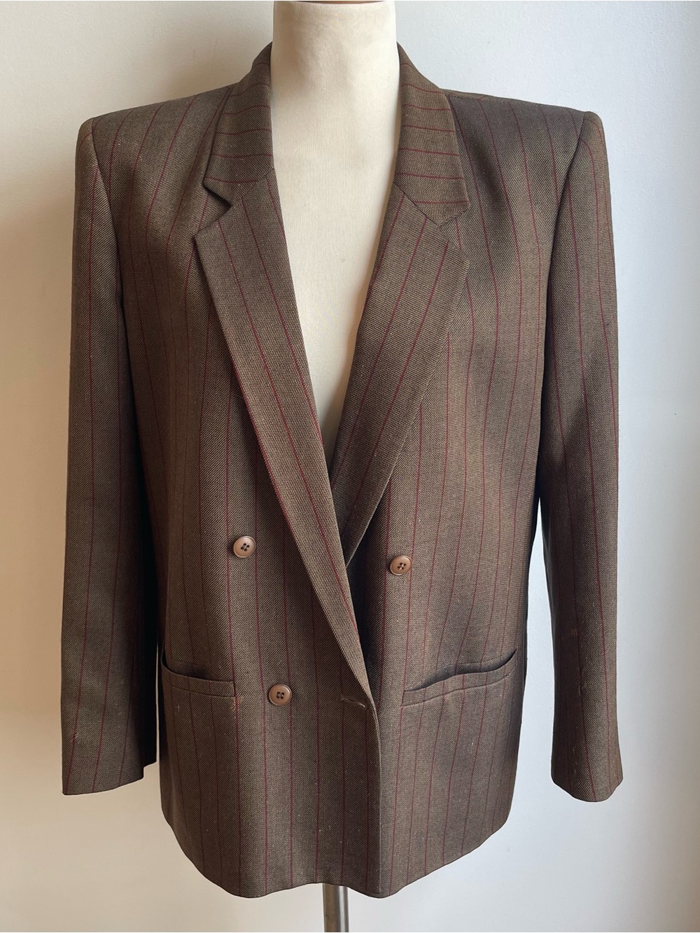 Vintage Daniele O by Tahari Womens Silk Wool Blazer Striped Khaki Red Size 10